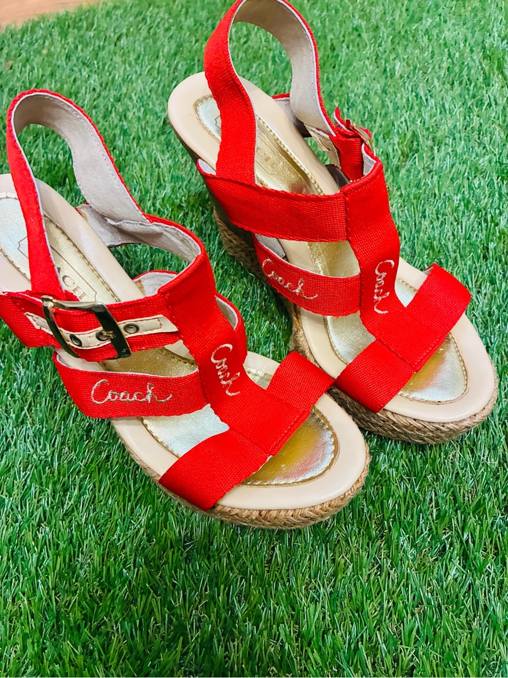 Coach Red Canvas Espadrille Wedge Sandals – Logo Strap – Size 7 - Picture 7 of 7